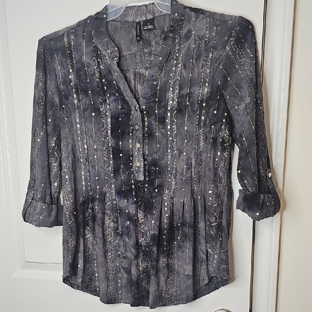New Directions Women's Shimmering Gray Blouse‎ 3/4 Sleeve Size M